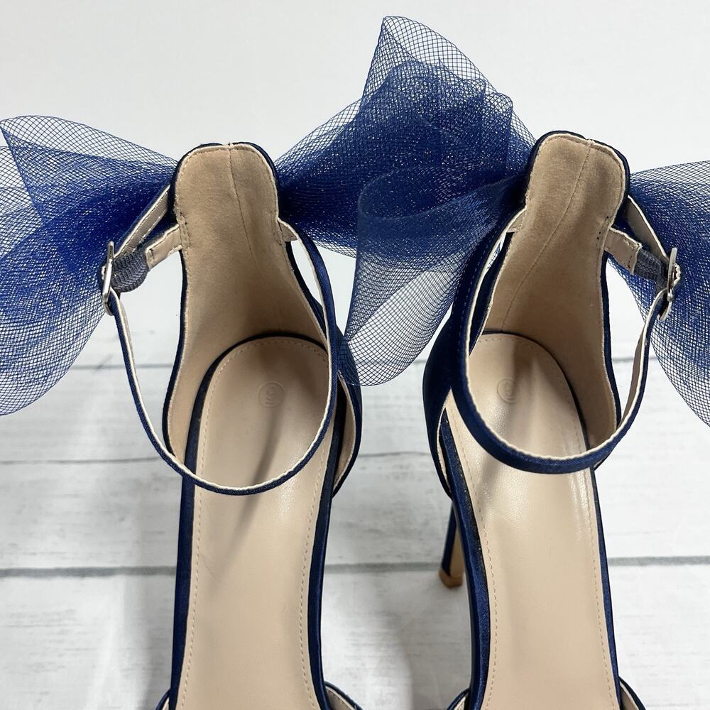 Navy Blue Satin Ultra High Heels Shoes size 9 Mesh Bow Prom Wedding Cocktail - Picture 4 of 12